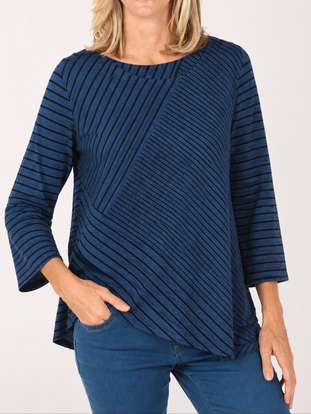 Habitat Blue Black Striped Tunic Top Medium Asymmetrical Hem